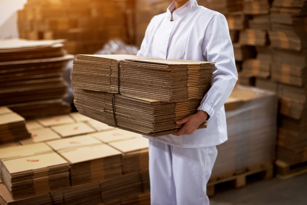 Persona moviendo productos de cartón PREMCO